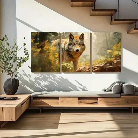 3pcs Wolf Forest Autumn Animal Art Vintage Metal Print Ready to Hang Art