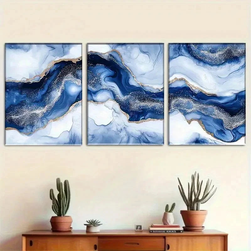 3pcs Blue and Golden Abstract Wave Metal Print Ready to Hang Art