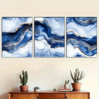 3pcs Blue and Golden Abstract Wave Metal Print Ready to Hang Art