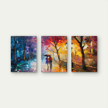 3pcs Romantic Stroll in Rain Painting Wall Art Set Canvas Framed 60x90cm - High Quality Print 100% Australian Made Wall Canvas Ready to Hang