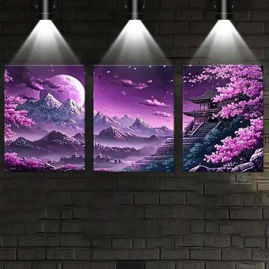 3pcs Serene Japanese-Style Scenery with Full Moon Metal Print Ready to Hang Art