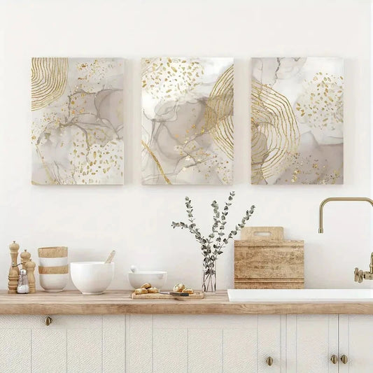 3pcs Beige & Golden Marble Wall Prints Metal Print Ready to Hang Art