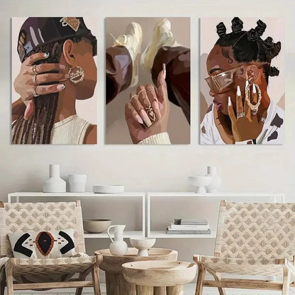 3pcs Painting Black Girl Wall Art Decor Posters Metal Print Ready to Hang Art