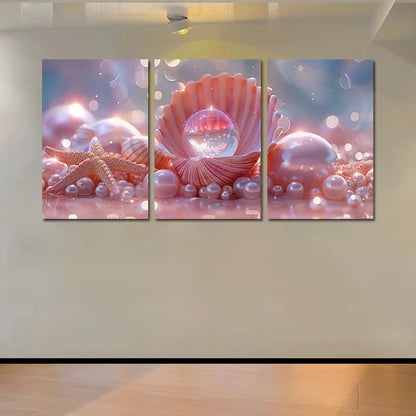 3pcs Opalescent Crystal in Open Seashell Wall Art Set Canvas Framed 60x90cm - High Quality Print 100% Australian Made Wall Canvas Ready to Hang