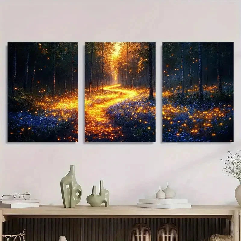 3pcs Glowing Fireflies Forest Scene Metal Print Ready to Hang Art