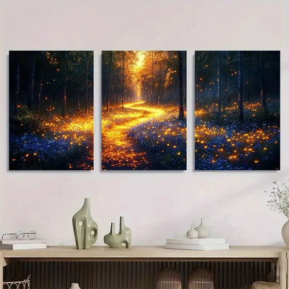 3pcs Glowing Fireflies Forest Scene Metal Print Ready to Hang Art