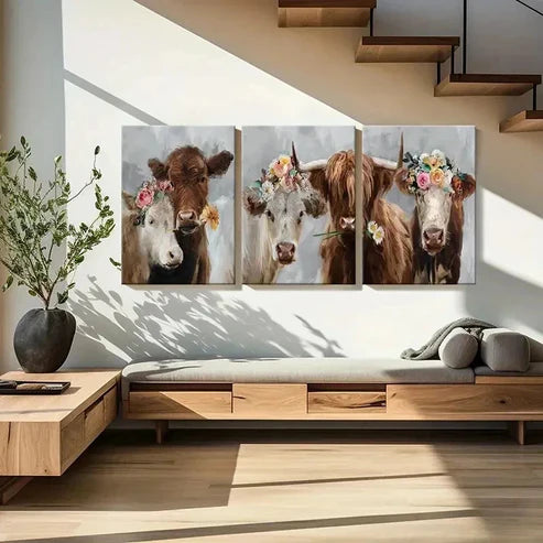 3pcs Highland Cattle with Flowers Vintage Wall Art Canvas Unframed - High Quality Print 100% Australian Made Wall Canvas