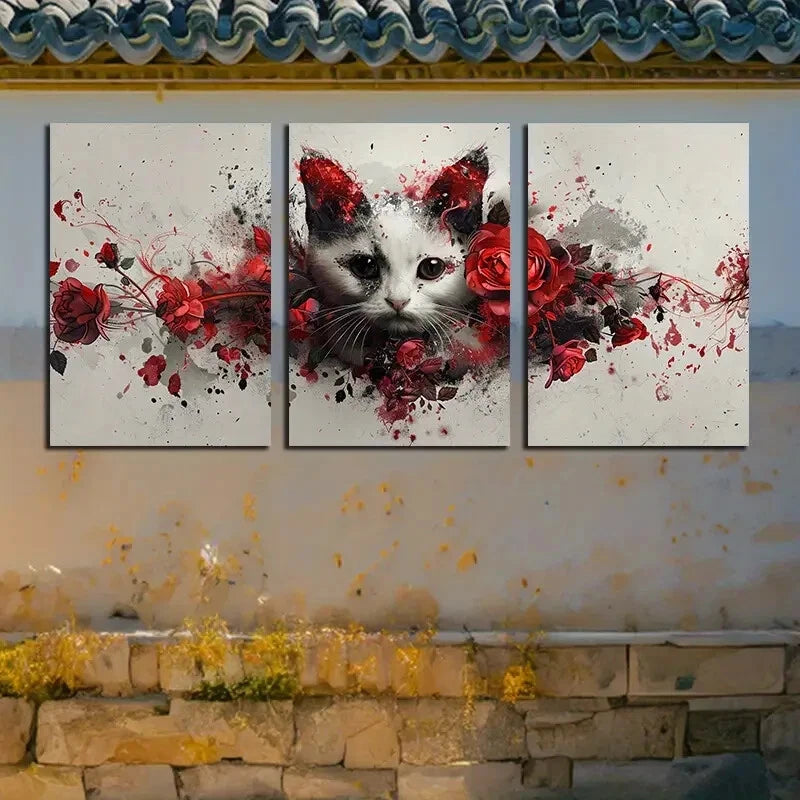 3pcs Vibrant Cat Portrait with Red Florals Metal Print Ready to Hang Art