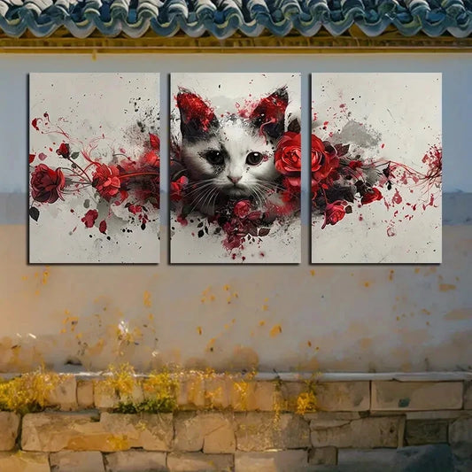 3pcs Vibrant Cat Portrait with Red Florals Metal Print Ready to Hang Art