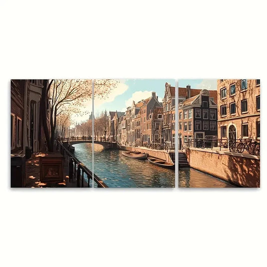 3pcs Canal Scene with Historic Houses Metal Print Ready to Hang Art