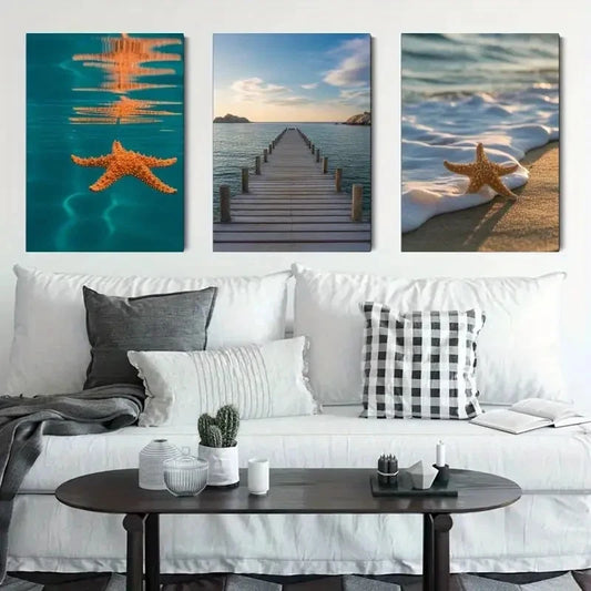 3pcs Ocean Sunset Scene with Vibrant Orange Metal Print Ready to Hang Art