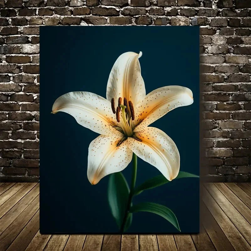 Stunning White Lily on Dark Blue Background Painting  40x60cm Metal Print Ready to Hang