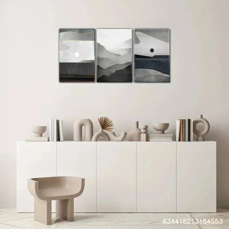 3pcs Black and White Poster with Golden Lines Metal Print Ready to Hang Art