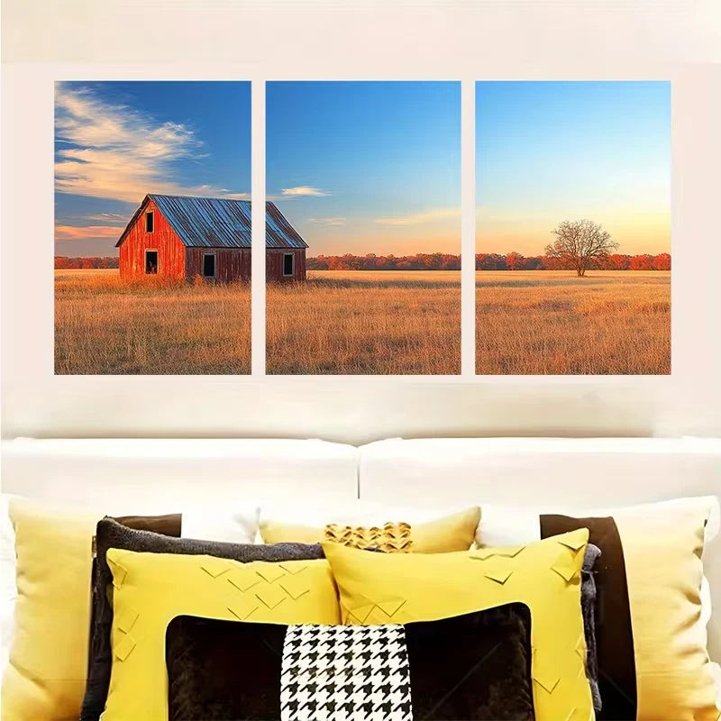 3pcs Country Landscape with Red Barn Metal Print Ready to Hang Art