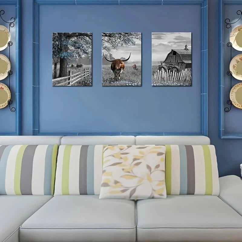 3pcs Rustic Blue Tree Brown Cow Black and White Metal Print Ready to Hang Art