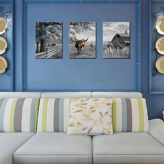 3pcs Rustic Blue Tree Brown Cow Black and White Metal Print Ready to Hang Art