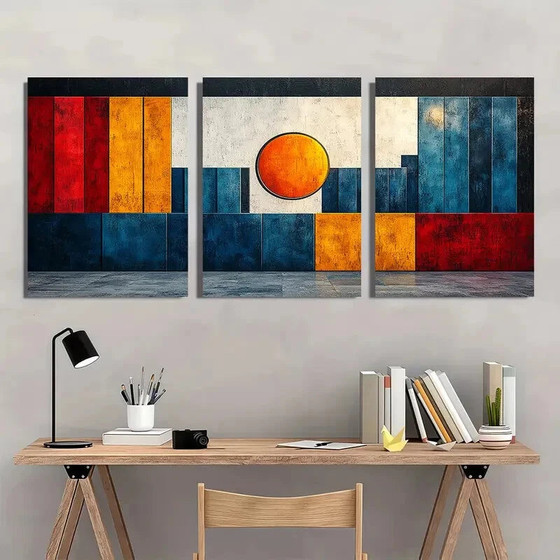 3pcs Blue White Orange & Red Geometric Designs Metal Print Ready to Hang Art