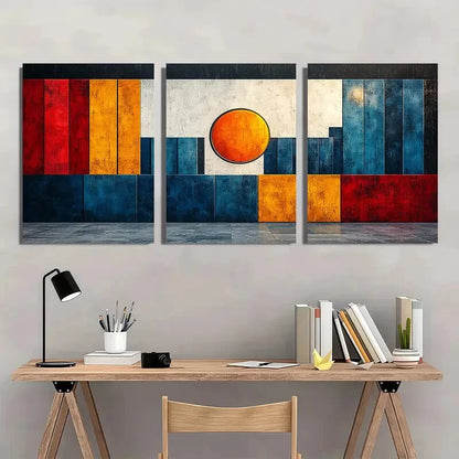 3pcs Blue White Orange & Red Geometric Designs Metal Print Ready to Hang Art