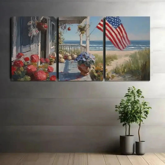 3pcs Patriotic American Flag Oil Painting Metal Print Ready to Hang Art