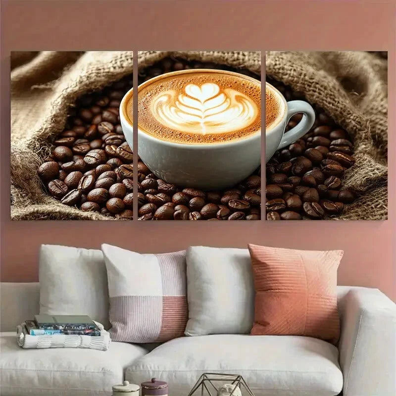 3pcs Latte on Coffee Sack Surrounded by Beans Metal Print Ready to Hang Art