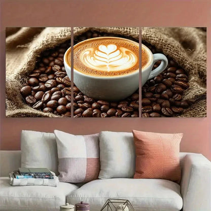 3pcs Latte on Coffee Sack Surrounded by Beans Metal Print Ready to Hang Art