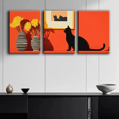 3pcs Black Cat and Yellow Daisy Modern Perfect Wall Art Set Canvas Unframed - High Quality Print 100% Australian Made Wall Canvas