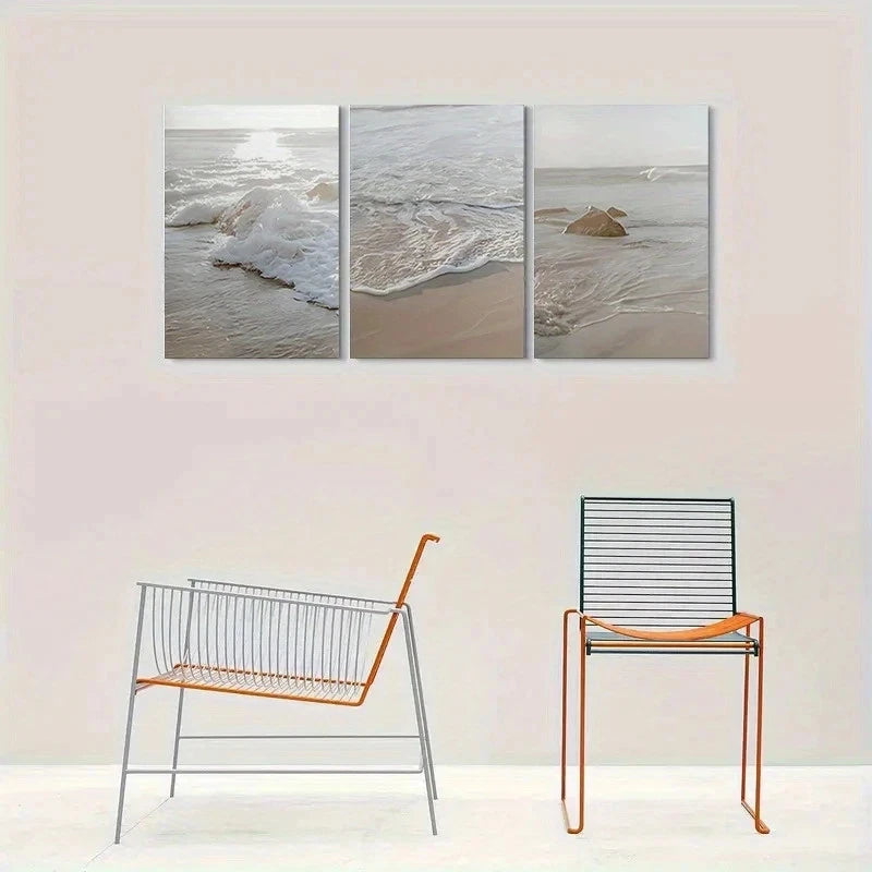 3pcs Coastal Ocean Scene with Sandy Shore & Wave Metal Print Ready to Hang Art