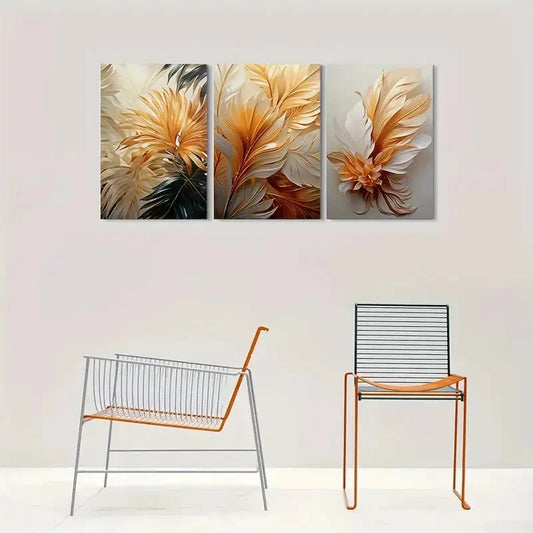 3pcs Abstract Feather Golden White Metal Print Ready to Hang Art