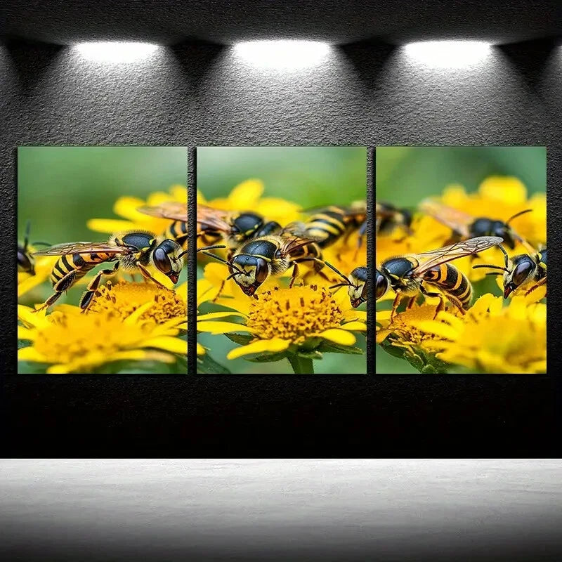 3pcs Group of Wasps on Yellow flowers Metal Print Ready to Hang Art