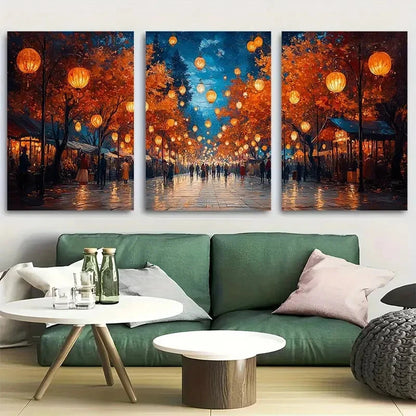 3pcs Market Street Scene with Lanterns and People Metal Print Ready to Hang Art