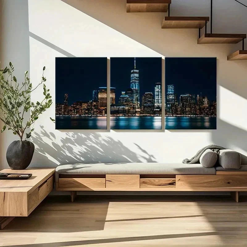 3pcs New York City at Night Modern Wall Art Set Canvas Framed 40x60cm - High Quality Print 100% Australian Made Wall Canvas Ready to Hang