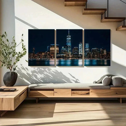 3pcs New York City at Night Modern Wall Art Set Canvas Framed 40x60cm - High Quality Print 100% Australian Made Wall Canvas Ready to Hang