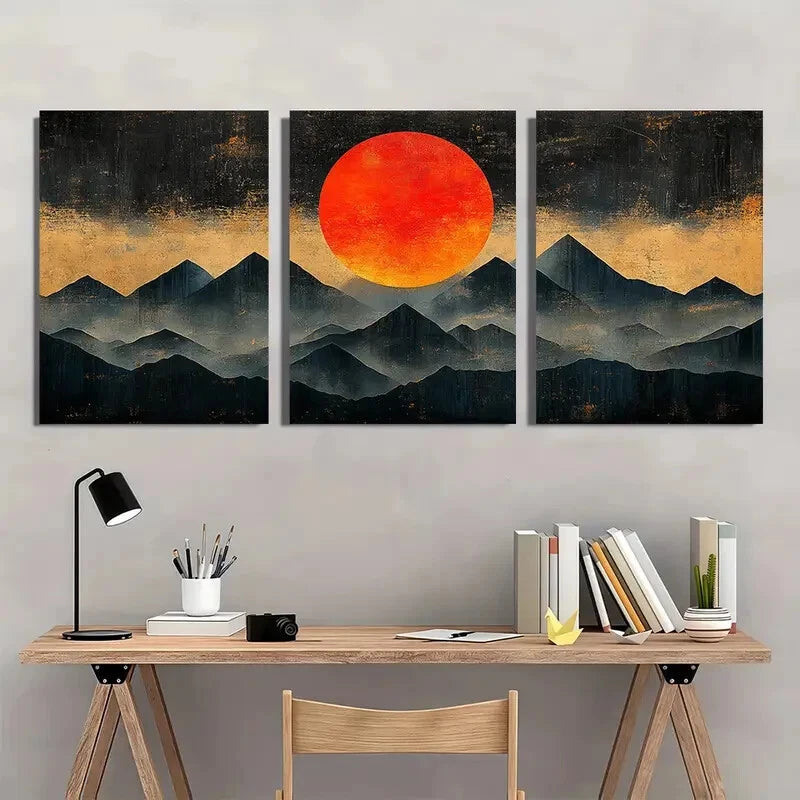 3pcs Black & Orange Mountain Silhouette Design Metal Print Ready to Hang Art