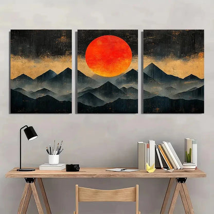 3pcs Black & Orange Mountain Silhouette Design Metal Print Ready to Hang Art
