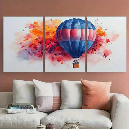 3pcs Hot Air Balloon with Blooming Flowers Berries Metal Print Ready to Hang Art