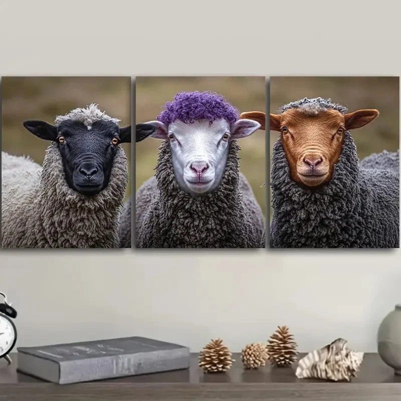 3pcs Sheep Portrait Painting Metal Print Ready to Hang Art