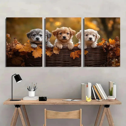 3pcs Adorable Puppies Autumn Scene Wall Art Set Canvas Framed 60x90cm - High Quality Print 100% Australian Made Wall Canvas Ready to Hang