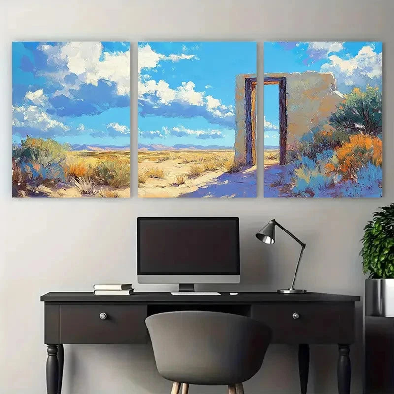3pcs Desert Doorway Impressionist Painting Wall Art Set Canvas Framed 50x70cm - High Quality Print 100% Australian Made Wall Canvas Ready to Hang