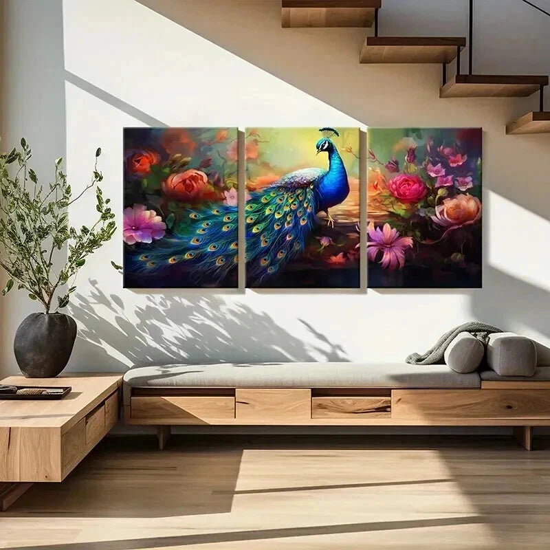3pcs Peacock & Flower Abstract Aesthetic Wall Art Set Canvas Framed 40x60cm - High Quality Print 100% Australian Made Wall Canvas Ready to Hang