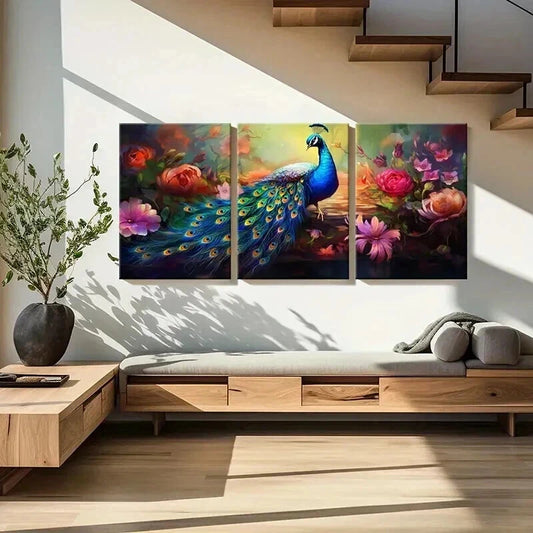 3pcs Peacock & Flower Abstract Aesthetic Wall Art Set Canvas Framed 40x60cm - High Quality Print 100% Australian Made Wall Canvas Ready to Hang
