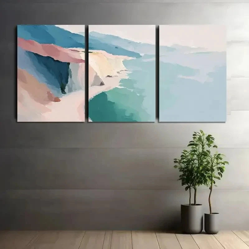 3pcs Coastal Cliffs and Beach Abstract Painting Metal Print Ready to Hang Art