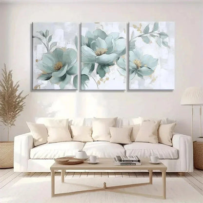 3pcs Green & White Flowers with Golden Accents Metal Print Ready to Hang Art