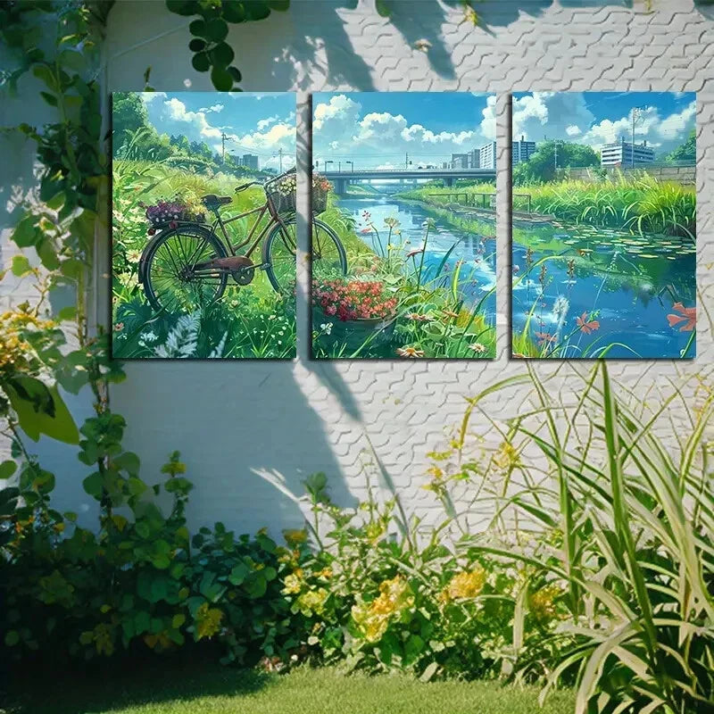 3pcs Vibrant Bicycle & Floral Scenery Design Metal Print Ready to Hang Art