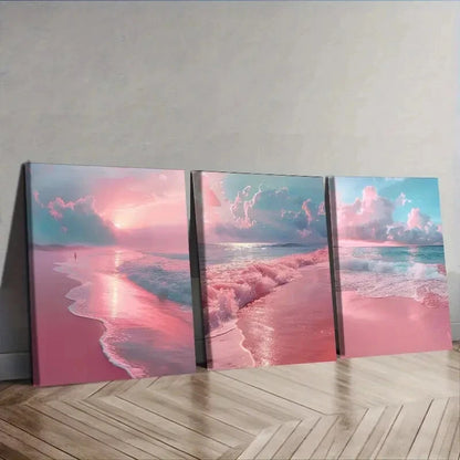 3pcs Set Pink Sandy Beach Decor Wall Art Set Canvas Framed 40x60cm - High Quality Print 100% Australian Made Wall Canvas Ready to Hang
