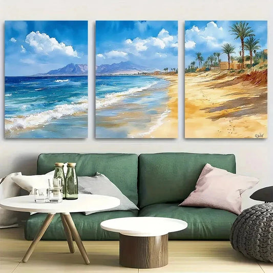 3pcs Sahl Hasheesh, Egypt Watercolor Beach Metal Print Ready to Hang Art