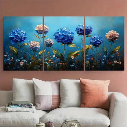 3pcs Hydrangea Floral Impasto Meadow Design Wall Art Set Canvas Framed 40x60cm - High Quality Print 100% Australian Made Wall Canvas Ready to Hang