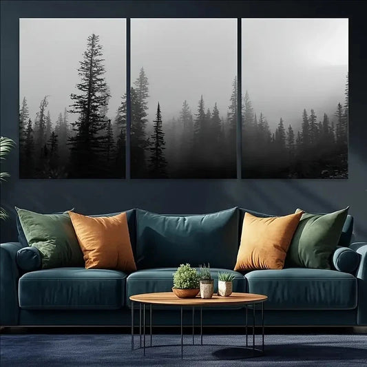 3pcs Misty Pines Foggy Forest Picture Wall Art Metal Print Ready to Hang Art