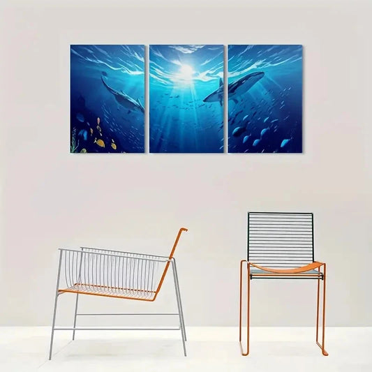 3pcs Underwater Ocean Life Blue Sea Whale Fish Metal Print Ready to Hang Art