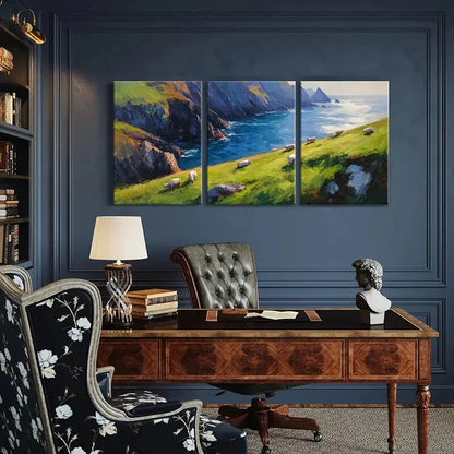3pcs Coastal Landscape Sheep Grazing Ocean Waves Metal Print Ready to Hang Art