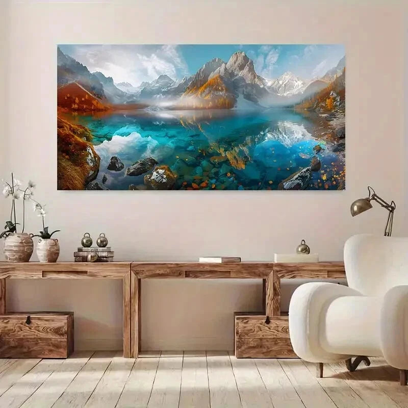 Winter Mountain Icy Lake wall canvas office home room framed 120x60cm - Bella Home Decor